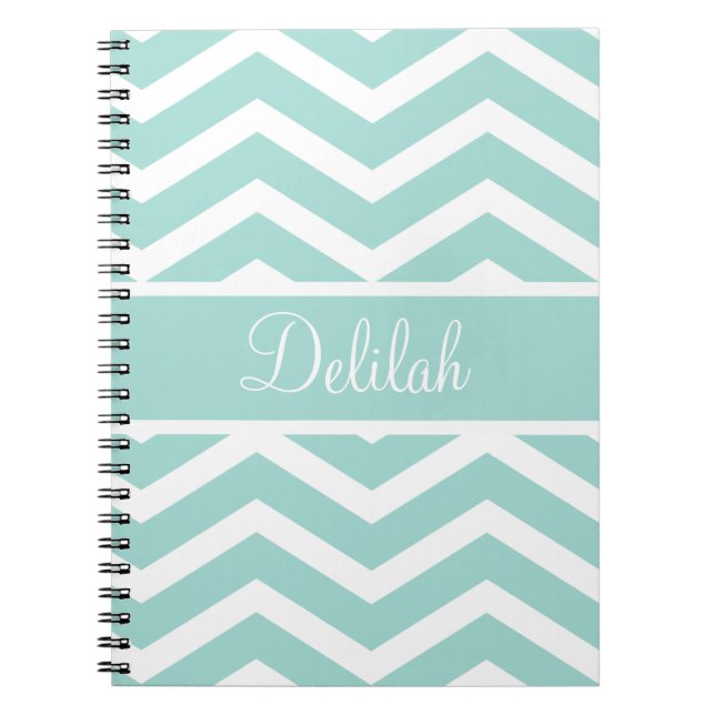 Mint Teal Chevron Custom Name Notebook (Front)