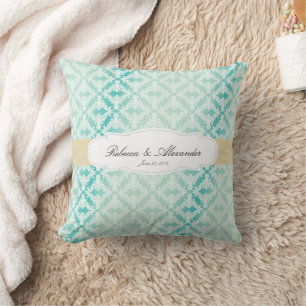 Mint & Teal Damask Bride & Groom Cushion
