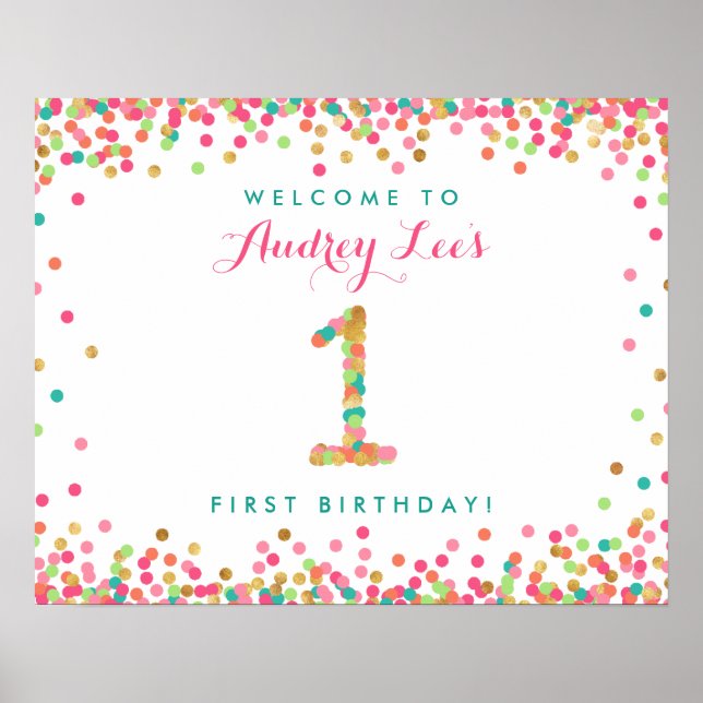 Mint Teal Gold 1 Year Old Birthday Party Welcome Poster (Front)