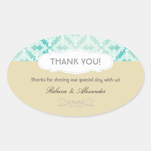 Mint Teal Gold Damask Wedding Thank You Oval Sticker
