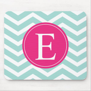 Mint Teal Pink Chevron Monogram Mouse Pad