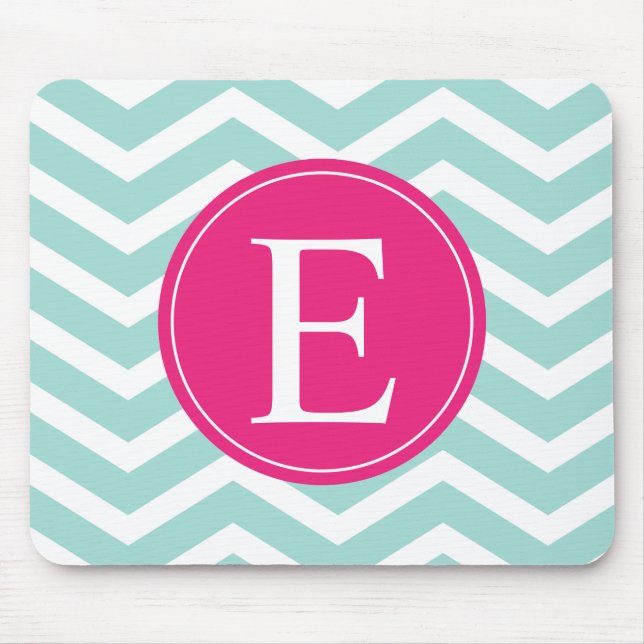 Mint Teal Pink Chevron Monogram Mouse Pad (Front)