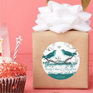 Mint Teal Romantic Rustic Love Bird Wedding Classic Round Sticker