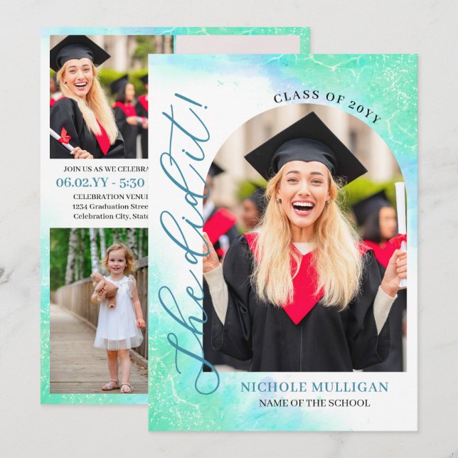 Mint Teal She Did It Graduation Announcment Party Invitation (Front/Back)
