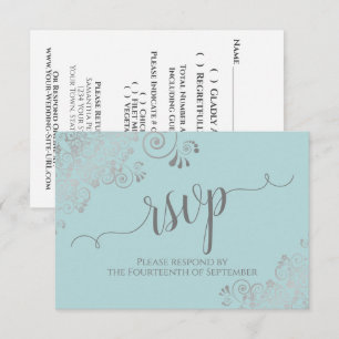 Mint Teal Silver Lace Elegant Calligraphy Wedding RSVP Card