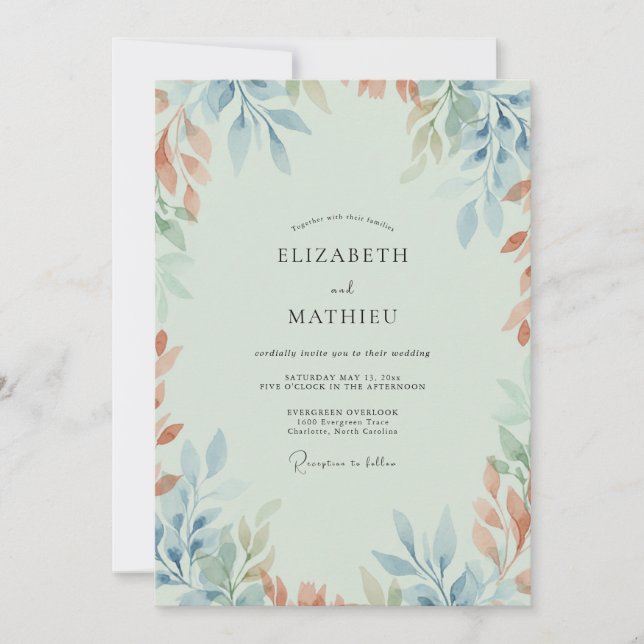 Mint Terracotta Leafy Wedding Invitation (Front)