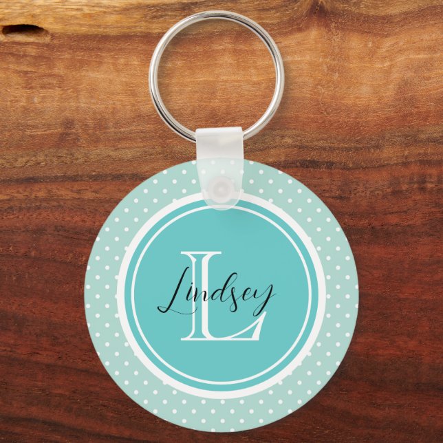 Mint Tiny Polka Dots with Custom Monogram Key Ring (Front)