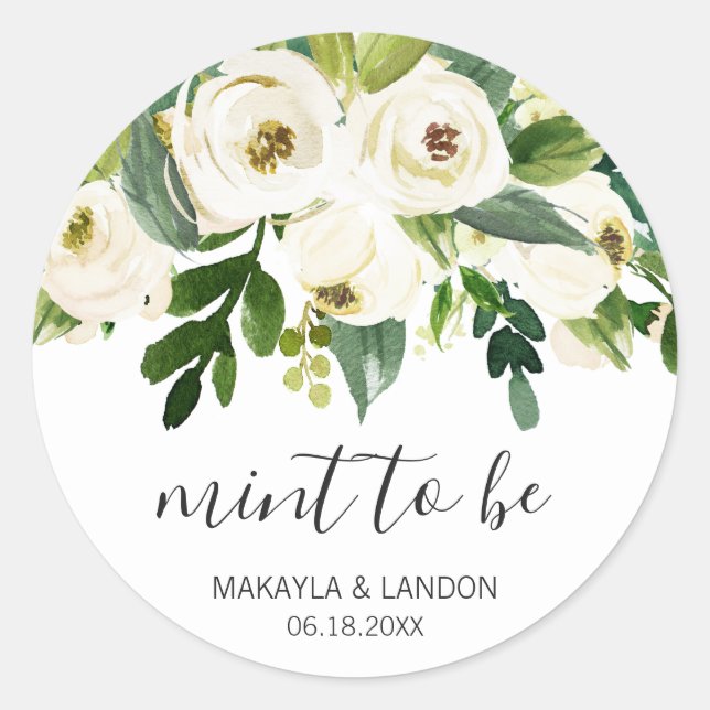 Mint To Be Elegant Greenery White Floral Wedding Classic Round Sticker (Front)