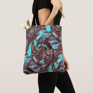 Mint to wine circular curved shapes in grain satin tote bag