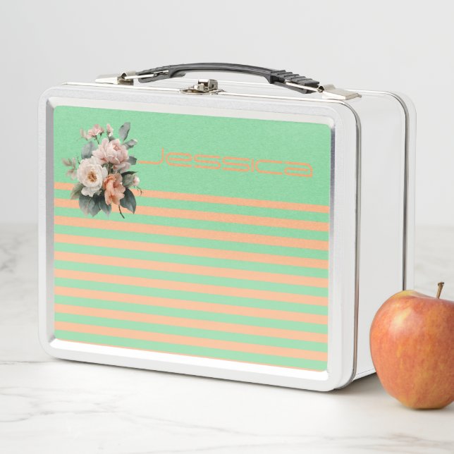 Mint Top with Orange Stripes Floral  Metal Lunch Box (In Situ)