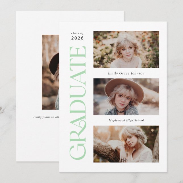 Mint Trendy Serif Multiple Photo Graduation  Announcement (Front/Back)