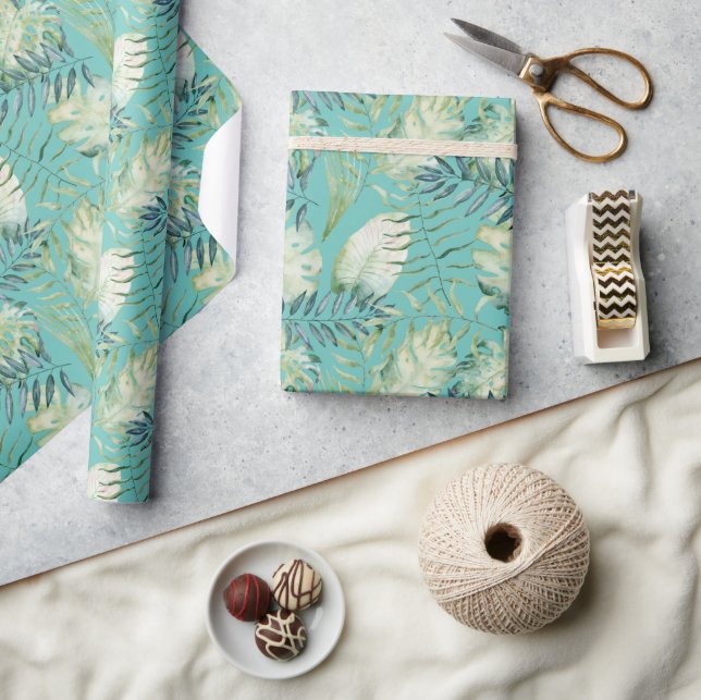 Mint Tropical Green Leaves  Wrapping Paper (Crafts)