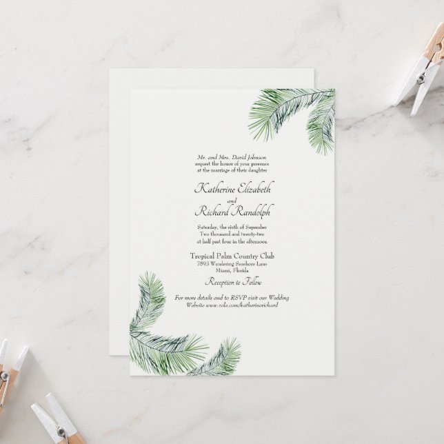 Mint Tropical Palm One Venue Wedding Website Invitation (Front/Back In Situ)