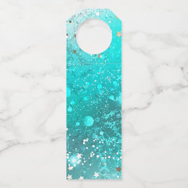 Mint Turquoise Foil Background Bottle Tag (Front)
