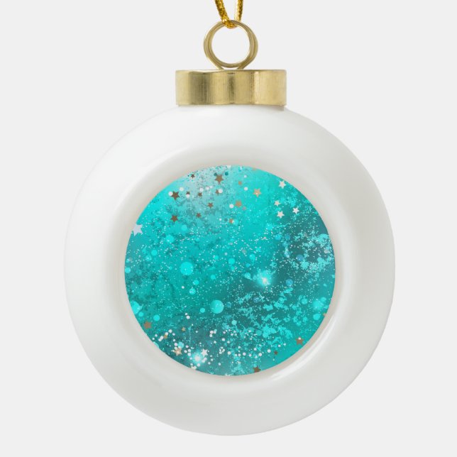 Mint Turquoise Foil Background Ceramic Ball Christmas Ornament (Front)