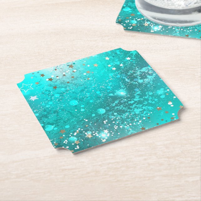 Mint Turquoise Foil Background Paper Coaster (Angled)