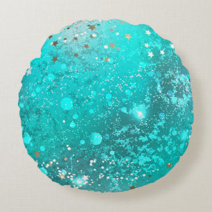 Mint Turquoise Foil Background Round Cushion