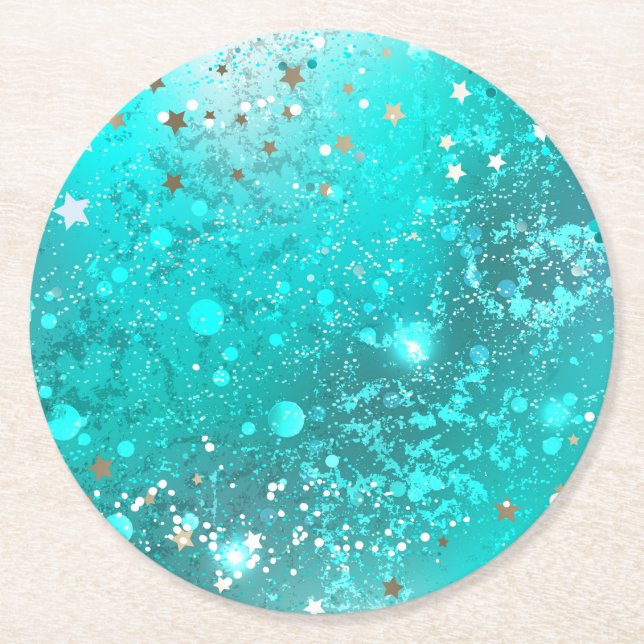 Mint Turquoise Foil Background Round Paper Coaster (Front)