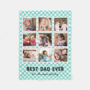 Mint Turquoise Gingham Best Dad Ever Photo Collage Fleece Blanket