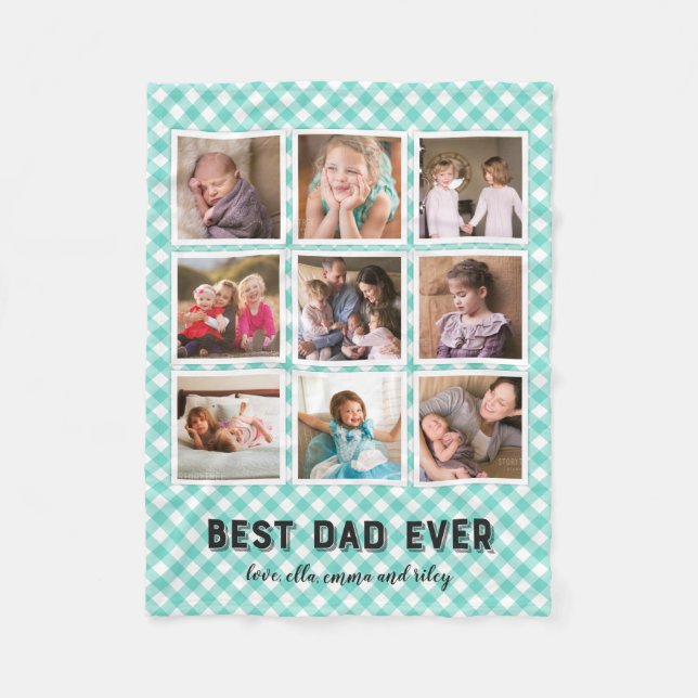 Mint Turquoise Gingham Best Dad Ever Photo Collage Fleece Blanket (Front)