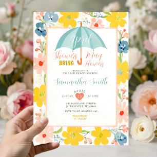 Mint Umbrella April Showers Baby Shower Floral Invitation