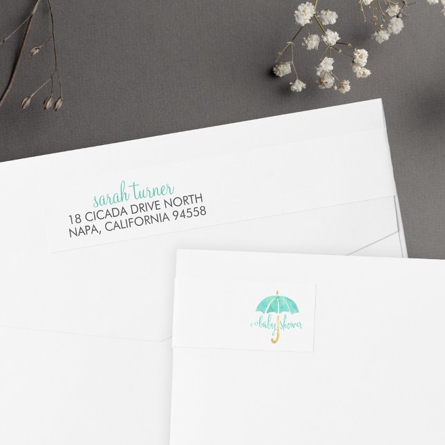 Mint Umbrella Baby Shower Return Address Labels (Creator Uploaded)