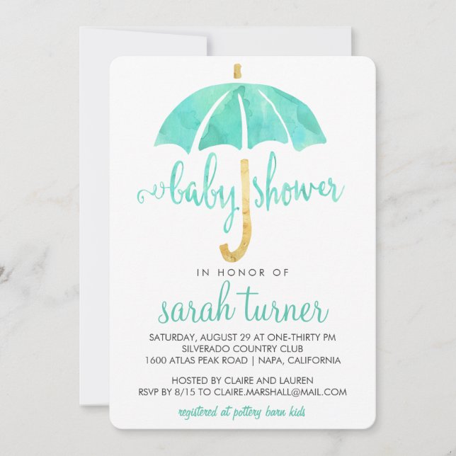 Mint Umbrella Neutral Baby Shower Invitations (Front)