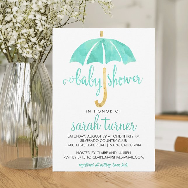 Mint Umbrella Neutral Baby Shower Invitations (Creator Uploaded)