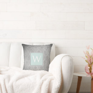 Mint Vintage Damask Monogram Throw Pillow