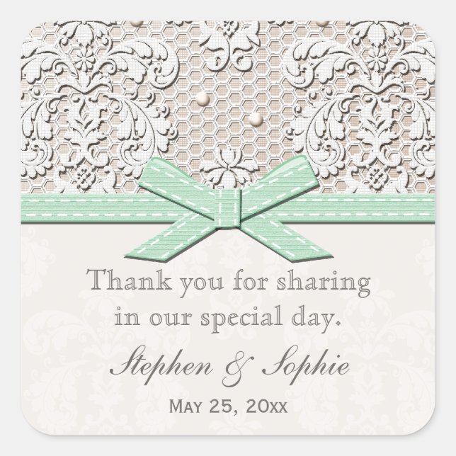 Mint Vintage Lace Wedding Favour Labels Stickers (Front)