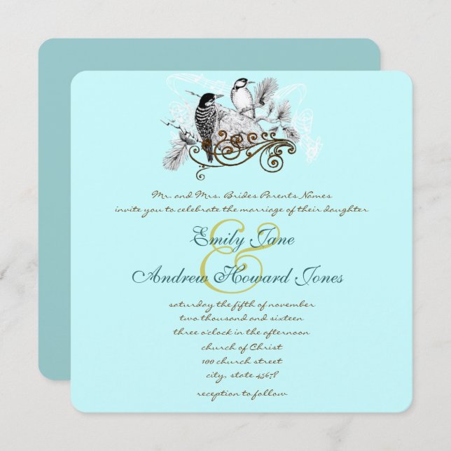 Mint Vintage Lovebirds Wedding Invitation (Front/Back)