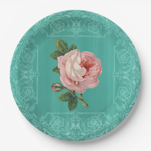 Mint Vintage Rose Paper Plates