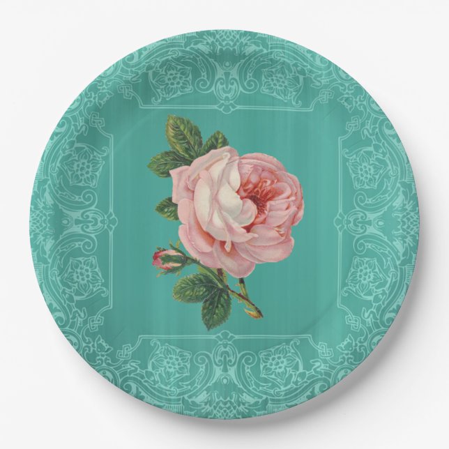 Mint Vintage Rose Paper Plates (Front)