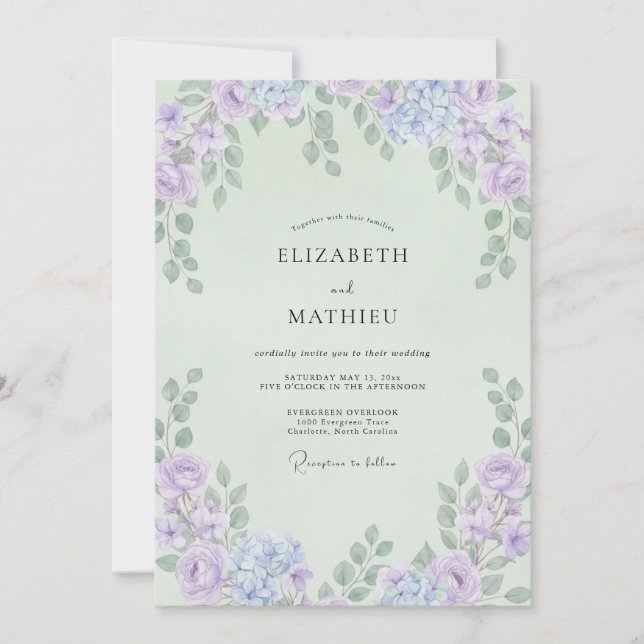 Mint Violet Foliage Eucalyptus Wedding Invitation (Front)