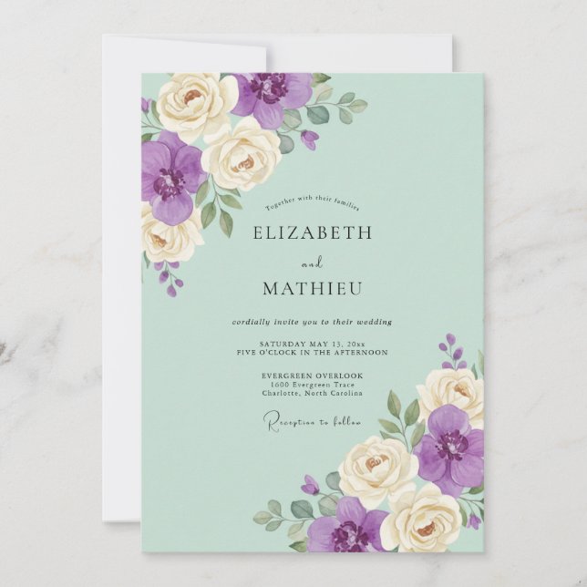 Mint Violet Petal Wedding Invitation (Front)