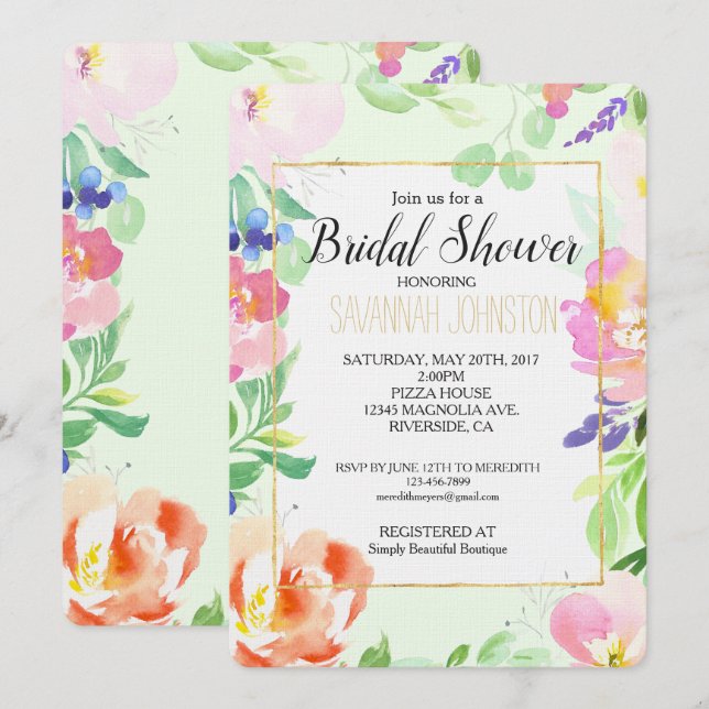 Mint Watercolor Floral Bridal Shower Invitation (Front/Back)