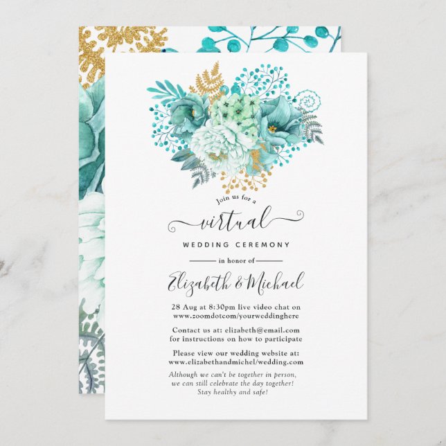 Mint Watercolor Floral Online Virtual Wedding Invitation (Front/Back)