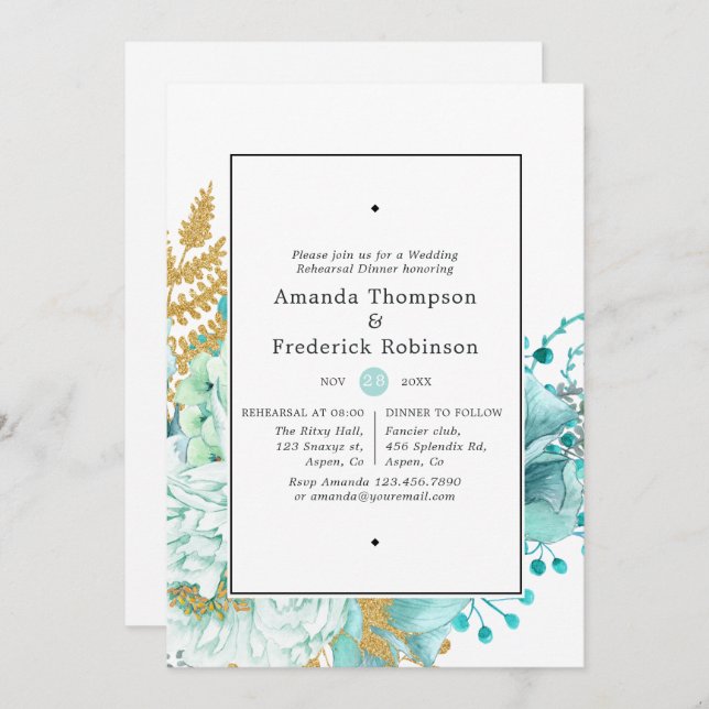 Mint Watercolor Floral Wedding Rehearsal Dinner Invitation (Front/Back)