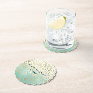 Mint Watercolor Ombre Glam Gold Leopard   Paper Coaster