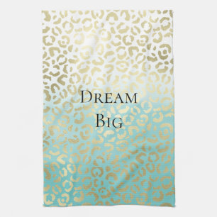 Mint Watercolor Ombre Glam Gold Leopard   Tea Towel