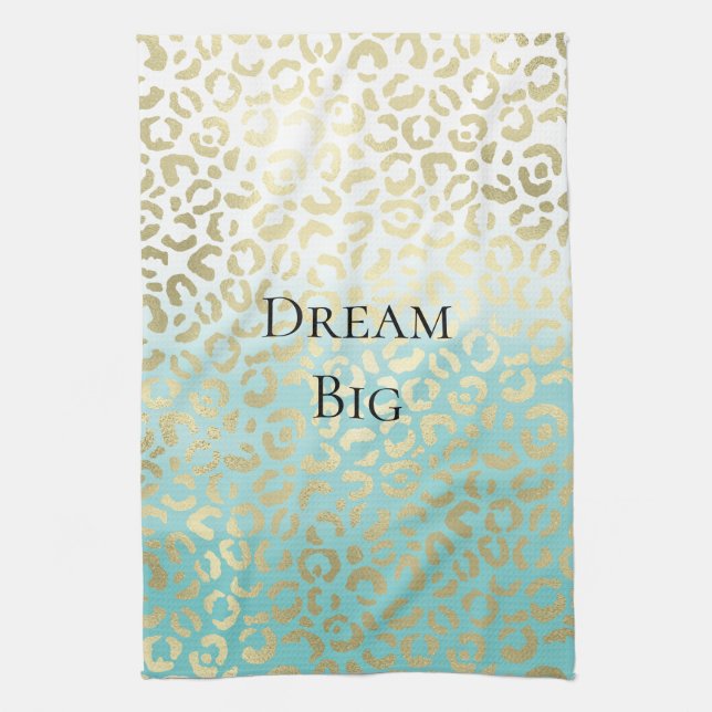 Mint Watercolor Ombre Glam Gold Leopard   Tea Towel (Vertical)