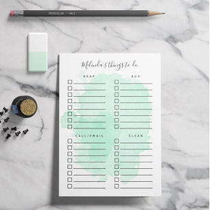 Mint Watercolor Splash Organised Things to Do Post-it Notes