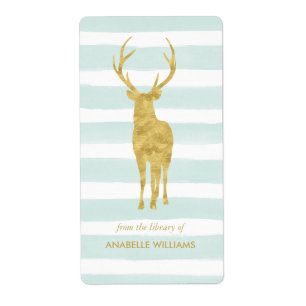 Mint Watercolor Stripes and Gold Deer Bookplate