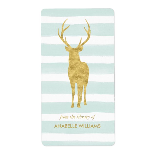 Mint Watercolor Stripes and Gold Deer Bookplate (Front)