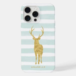 Mint Watercolor Stripes and Gold Deer iPhone 15 Pro Max Case
