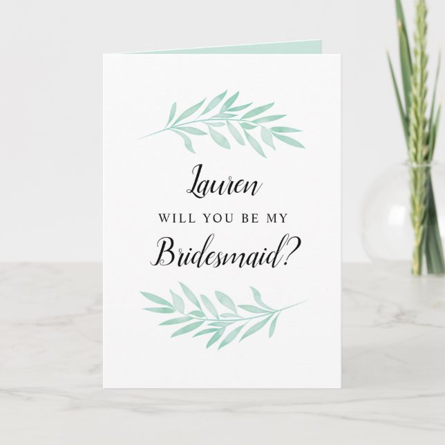 Mint Watercolor Will you be my Bridesmaid Proposal Card (Front)