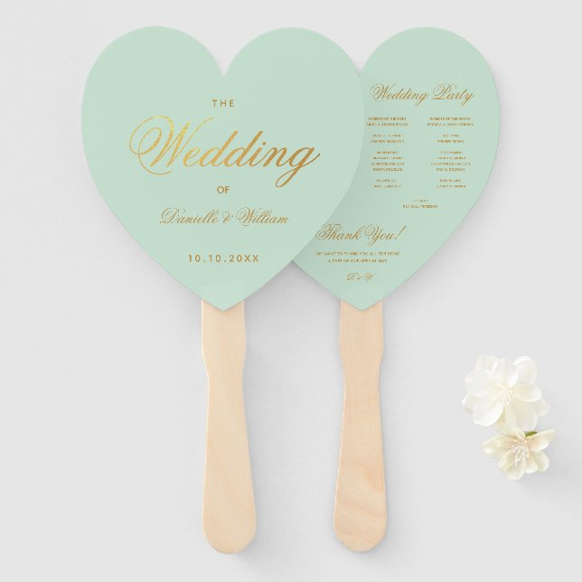 Mint Wedding Program Faux Gold Script Green Heart Hand Fan (Front and Back)