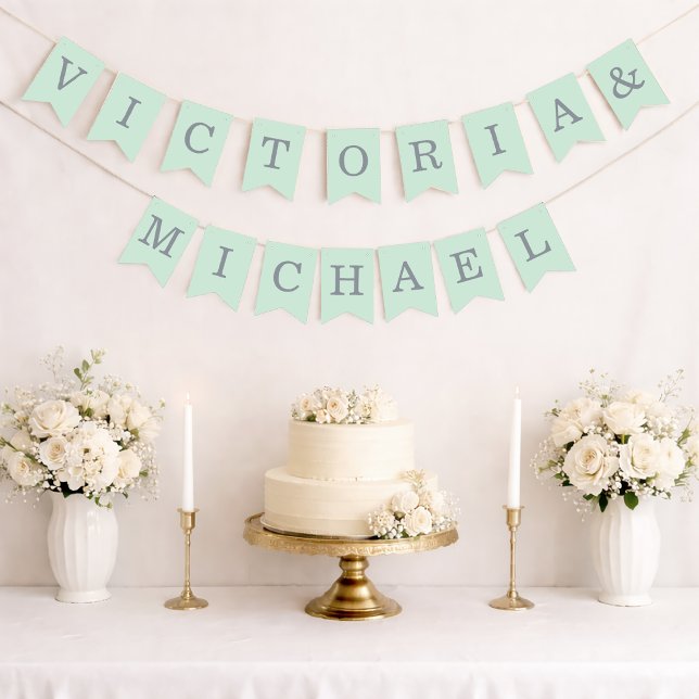 Mint Wedding Simple Green Grey Bride & Groom Names Bunting (Creator Uploaded)