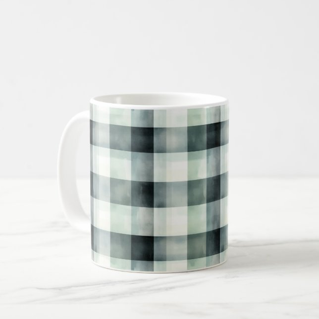 Mint White Black Plaid Stripes Coffee Mug (Front Left)