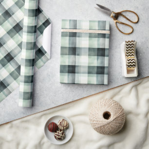 Mint White Black Plaid Stripes Wrapping Paper